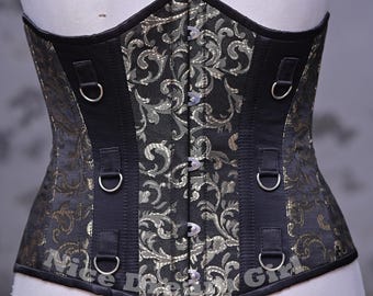 Black & Gold Brocade Underbust Corset: Gothic Steampunk Waist Cincher
