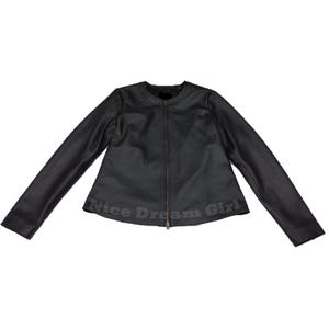 May include: Black leather jacket with a round collar and long sleeves. The jacket has a zipper closure and the words "Nice Dream Girl" are printed at the bottom.