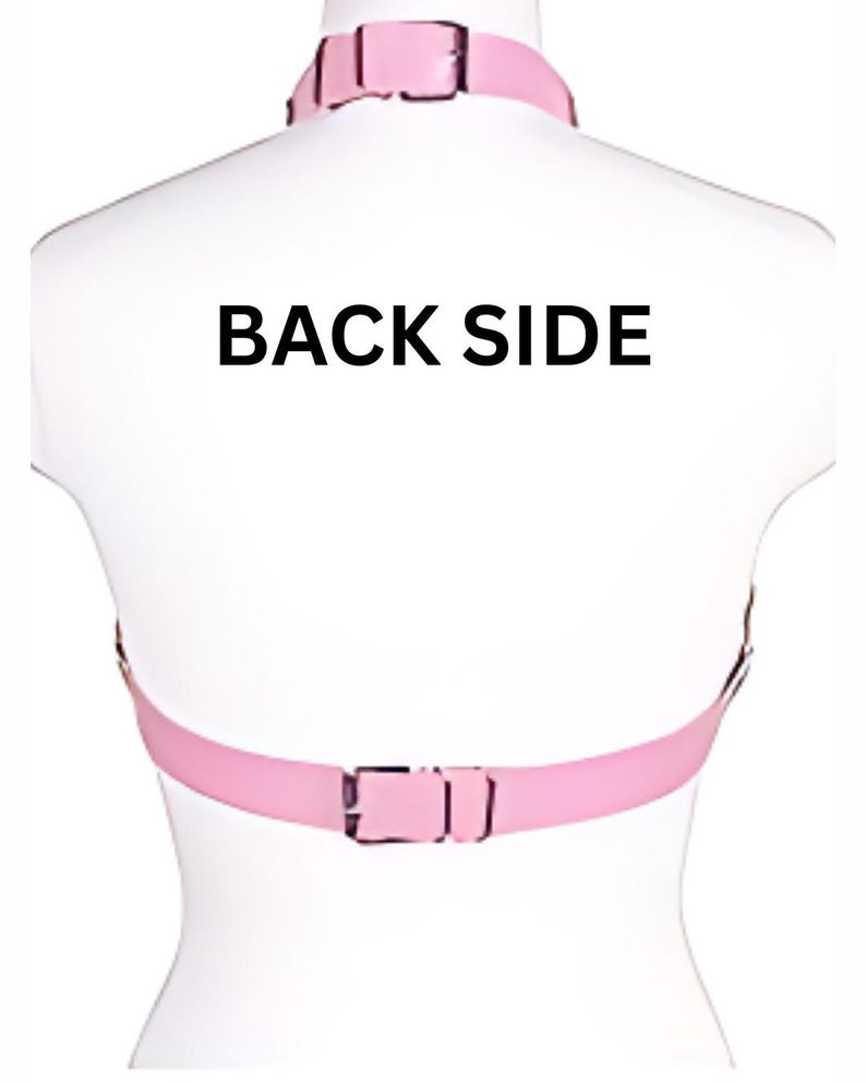 May include: Pink harness with metal buckles, viewed from the back. The text "BACK SIDE" is printed in bold, black letters. The harness is displayed on a white mannequin.