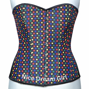 Black Steel Boned Corset for Women – Multicolor Polka Dot Waist Trainer | Vintage Overbust Corset for Party, Lingerie, Gothic, Burlesque