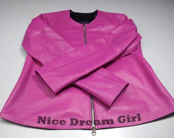Fuchsia Pink Leather Swing Jacket - Collarless Zip-Up A-Line