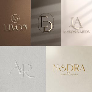 May include: A collection of elegant logos in gold and embossed designs. The logos include the names "LIVON", "ED", "MAISON ALMEIDA", "AR", and "NODRA wellness", each with unique typography and style, set against textured backgrounds.