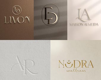 May include: A collection of elegant logos in gold and embossed designs. The logos include the names "LIVON", "ED", "MAISON ALMEIDA", "AR", and "NODRA wellness", each with unique typography and style, set against textured backgrounds.