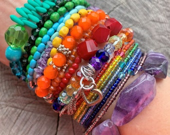 Beaded Purple Wrap Bracelet For Her,Bohemian Inspired Jewelry,Purple Beaded Stack Wrap,Artisan Bracelet,Jewelry,Charm Bracelet,Gift For Her