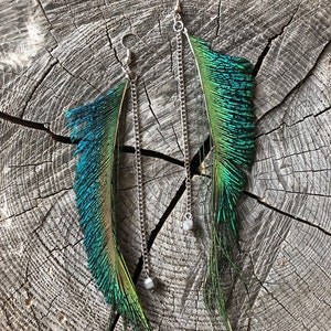 Long Peacock Feather Chain Earrings // Boho Festival Statement Jewelry // Green Blue Dangle Gift for Her
