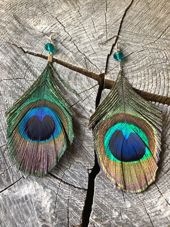 Peacock Feather Earrings Fringe Long Colorful Artisan Jewelry Gift