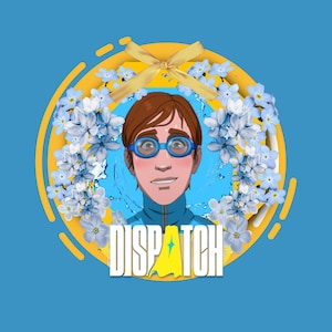Puede incluir: Ilustración digital de una persona con gafas azules y una camiseta deportiva azul, rodeada por una corona de flores azules y una cinta amarilla. La palabra "DISPATCH" está en texto blanco con un rayo amarillo.