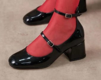 Black Patent Leather Mary Jane Shoes Chunky Heel Double Buckle Vintage Round Toe Women