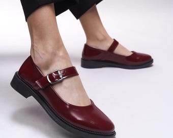 Genuine Leather  Mary Jane Shoes 3cm Low Heel Round Toe Buckle Strap Women Flats