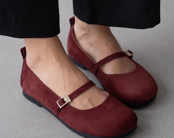 Handmade Burgundy Genuine Leather Women Flats Gold Buckle Adjustable Strap Comfortable Summer Walking Shoes