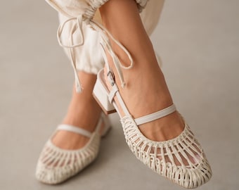 Ivory Woven Square Toe Block Heel Sandals Adjustable Strap Mary Jane Summer Shoes Women