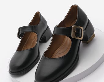 Zapatos de mujer Black Mary Jane con tacón grueso y hebilla, estilo mocasín clásico para la oficina y uso diario.