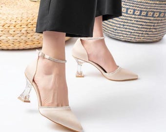 Beige Satin Pointed Toe Clear Heel Bridal Shoes Swarovski Ankle Strap Wedding Party Pumps