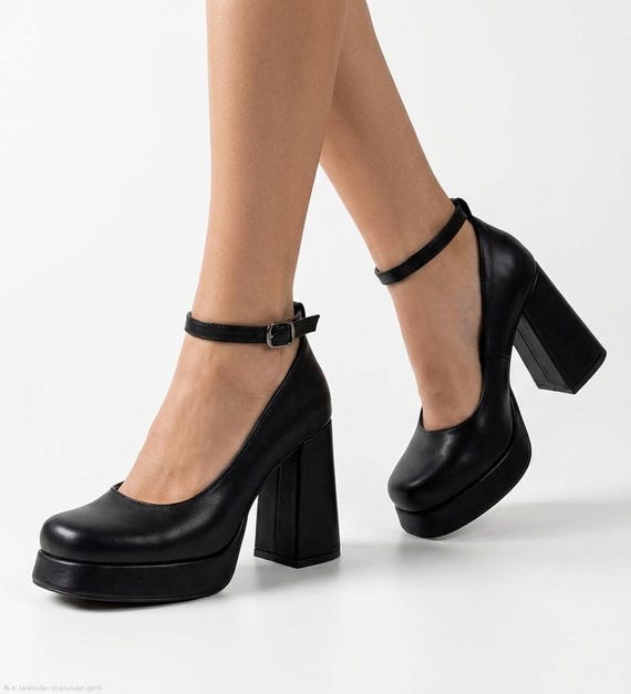 Black Matte Mary Jane Platform Pumps Ankle Strap Block High Heel Office Shoes Women