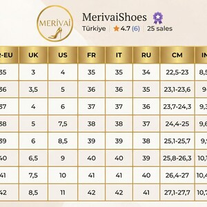 May include: A MerivaiShoes size conversion chart featuring a gold and white grid table. The chart lists shoe sizes for TR-EU, UK, US, FR, IT, and RU regions, alongside foot length measurements in centimeters and inches ranging from 8.5 to 10.9 inches.
