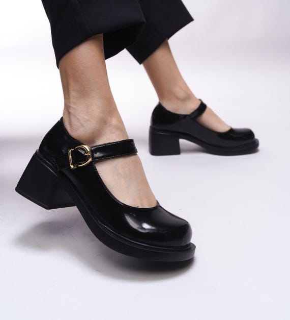 Chunky Mary Jane Shoes for Wide Feet: Black Patent Leather, Comfortable Platform, Block Heel