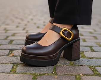Size 39 Last Pair Leather Platform Mary Jane Block Heel Gold Buckle Handmade Pumps