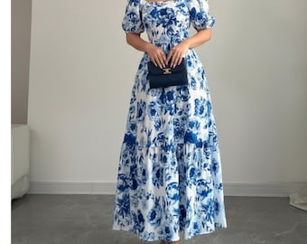 Blue Floral Maxi Dress, Square Neck Puff Sleeve A-Line Dress, Elegant Loose Fit Long Dress for Spring Summer, Garden Party Outfit, Gift