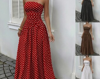 Polka Dot Bandeau Maxi Dress, Strapless Red Polka Dot Gown, Vintage Pin-up Style Summer Dress, Retro Rockabilly Vacation Outfit, Boho Sun.
