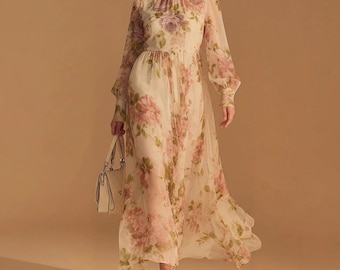 Floral V-Neck Mesh Dress, French Vintage Style Maxi Gown, Romantic Sheer Overlay Dress, Elegant Garden Party Dress, Boho Chic Evening Wear