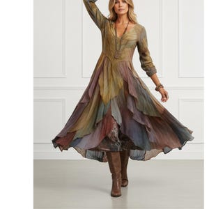 Fairycore maxi-jurk met bladprint, a-lijn jurk met v-hals en lange mouwen, feestjurk met boho-look, aardse tinten lente-zomerjurk, cadeau voor