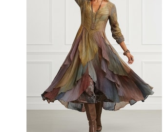 Vestido largo con estampado de hojas de Fairycore, vestido de corte A con cuello en V y manga larga, vestido de fiesta de estilo bohemio con capas, vestido de primavera y verano en tonos tierra, regalo para