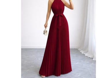 Burgundy Pleated Maxi Dress, Halter Neck A-Line Gown, Elegant Belted Evening Dress, Romantic Wedding Guest Outfit, Sleeveless Formal Long