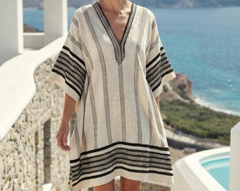 Linen Kaftan Beach Dress, Striped Boho Cover Up, Greek Island Style Resortwear, Loose Fit V-Neck Midi Dress, Summer Vacation Caftan, Gift