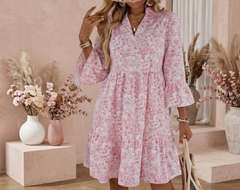 Pink Floral V-Neck Mini Dress, Ruffle Sleeve Tiered Summer Dress, Boho Chic Loose Fit Sun Dress,Romantic Garden Party Outfit,Casual Vacation