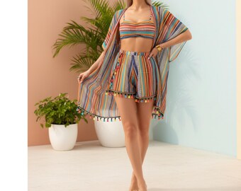 Striped Ethnic 4 Piece Bikini Set, Fringe Kimono Cover Up Batwing Sleeve, High Waist Shorts & Bandeau Top, Beach Vacation Resortwear, Gift