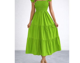 Green Smocked Tiered Midi Dress, Ruffle Sleeve Square Neck Sundress, Cottagecore Summer Dress, Flowy Vacation Outfit, Garden Party Dress