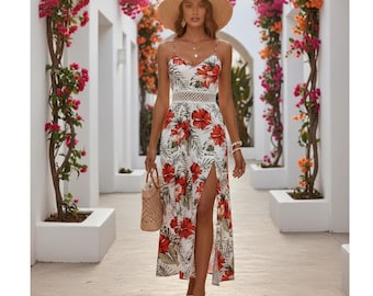 Tropical Floral Maxi Dress, Adjustable Spaghetti Strap Summer Dress, High Slit Boho Vacation Sundress, Beach Resortwear Dinner Outfit, Gift