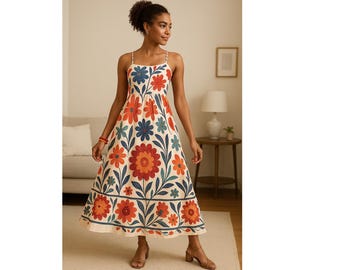 Travachic Tropical Print Maxi Dress – Boho Ruffle Hem Summer Sundress with Backless Cami Top, Shirred Bodice and Vacation Beach Style