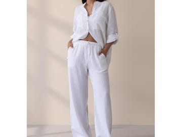 White Linen 2 Piece Set, Casual Button Down Shirt and Wide Leg Pants, Summer Beach Co-ord Outfit, Breathable Linen Loungewear, Gift for Her
