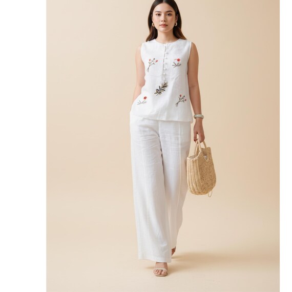 White Linen 2 Piece Set, Chinese Style Embroidered Vest and Wide Leg Pants, Elegant Floral Co-ord Outfit, Breathable Summer Loungewear, Gift