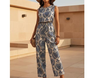 Blue Floral Wide Leg Jumpsuit Women, Sleeveless Crew Neck One Piece, Boho Ethnic Print Summer Vacation Outfit, Casual Resortwear Romper