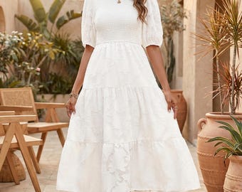White Lace Smocked Midi Dress, Puff Sleeve Tiered Summer Dress, Bridal Shower Dress, 3D Floral Eyelet Gown, Cottagecore White Party Outfit