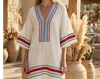 Boho Embroidered Style Mini Dress, V-Neck Linen Look Kaftan, Ethnic Print Beach Cover Up, Mediterranean Vacation Outfit, Loose Fit Sun Dress