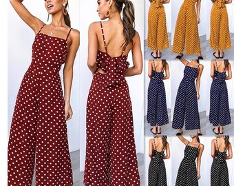 Polka Dot Backless Jumpsuit, Sexy Bow Back Wide Leg Romper, Vintage Pin-up Style Summer Overall, Retro Rockabilly Sling Jumpsuit,Boho Outfit