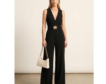 Black Wide Leg Jumpsuit, Elegant V-Neck Sleeveless Romper, Metallic Buckle Belted Jumpsuit, Formal Wedding Guest Outfit, Chic Evening Wear