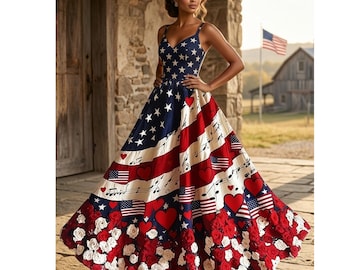 American flag dress, 4th of July outfit, Patriotic maxi dress, Stars and stripes, Boho summer dress, Independence Day, Sleeveless sun dress