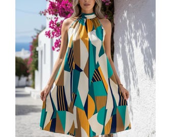Geometric Print Halter Dress, Teal and Mustard A-Line Summer Dress, Sleeveless Knee Length Vacation Outfit, Flowy Boho Sundress,Gift for Her