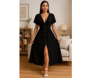 Black Button Front Maxi Dress – V-Neck Casual A-Line Dress for Women with Split Hem, High Waist and Flowy Batwing Short Sleeves