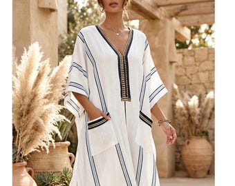 Linen Kaftan Maxi Dress with Pockets, Striped Boho Beach Cover Up, V-Neck Resortwear Caftan, Greek Island Style Loose Dress, Summer Vacation