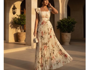 Floral Pleated Maxi Dress, Ruffle Sleeve Square Neck Gown, Elegant Pink Flower Print Long Dress, Romantic Wedding Guest Outfit, Summer Gown