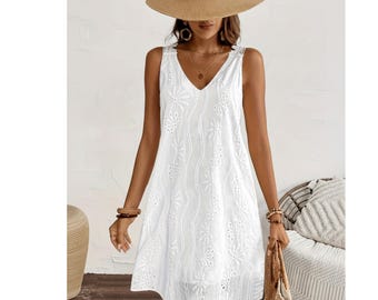 White Lace Boho Dress, Sleeveless V-Neck Summer Mini, Embroidered Eyelet Beach Dress, Breathable Garden Party Gown, Bridal Shower Outfit,