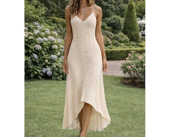 Crochet Knit Maxi Dress, Boho Beach Sweater Dress, Hollow Out Open Knit Cover Up, Spaghetti Strap Summer Vacation Resortwear, Gift for Her
