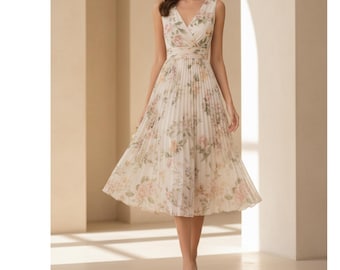 Floral Pleated Midi Dress, V-Neck Sleeveless Garden Party Dress, Beige Flower Print Tea Party Outfit, Elegant Waist Cinching Summer Gown,Gif