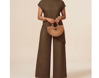Brown 2 Piece Pants Set, Asymmetrical Hem Top and Wide Leg Pants, Mock Neck Casual Co-ord Outfit, Fall Vacation Minimalist Set, Gift for Her