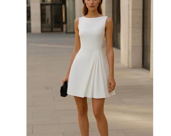 White Boat Neck Mini Dress, Sleeveless Fitted Waist Short Dress, Elegant Bridal Shower Outfit, Minimalist Graduation Dress, Chic Party Dress